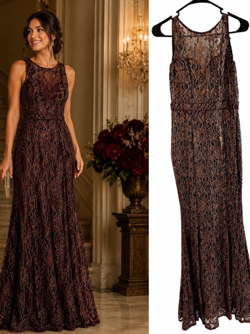 Maniju Burgundy & Gold Lace Maxi Dress Sleeveless Formal Evening Gown Size Small
